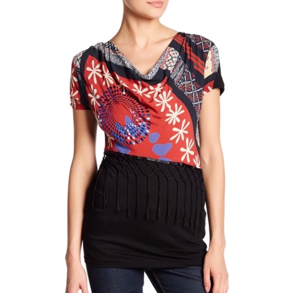 Desigual Ofelia Floral Print Fringe Tee Large